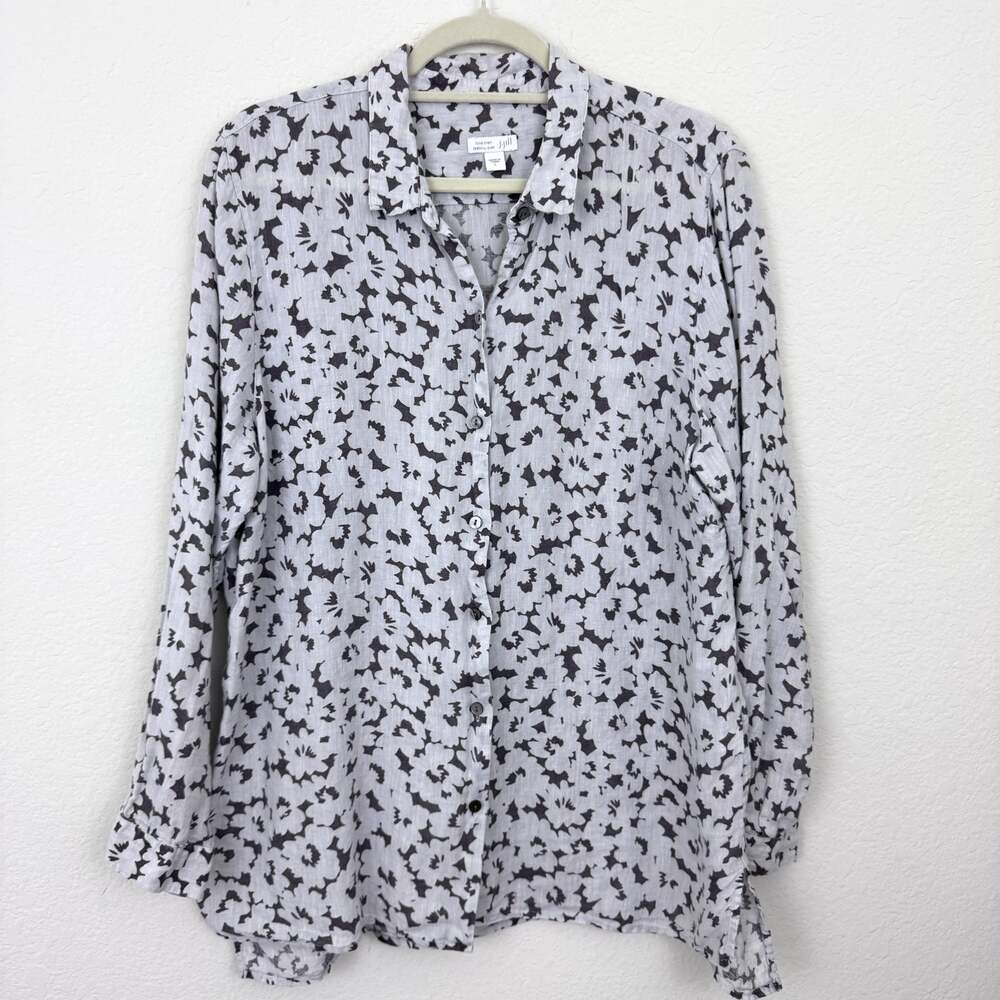 J. Jill Womens Love Linen Long Sleeve Essential Shirt Size L Floral Summer Gray